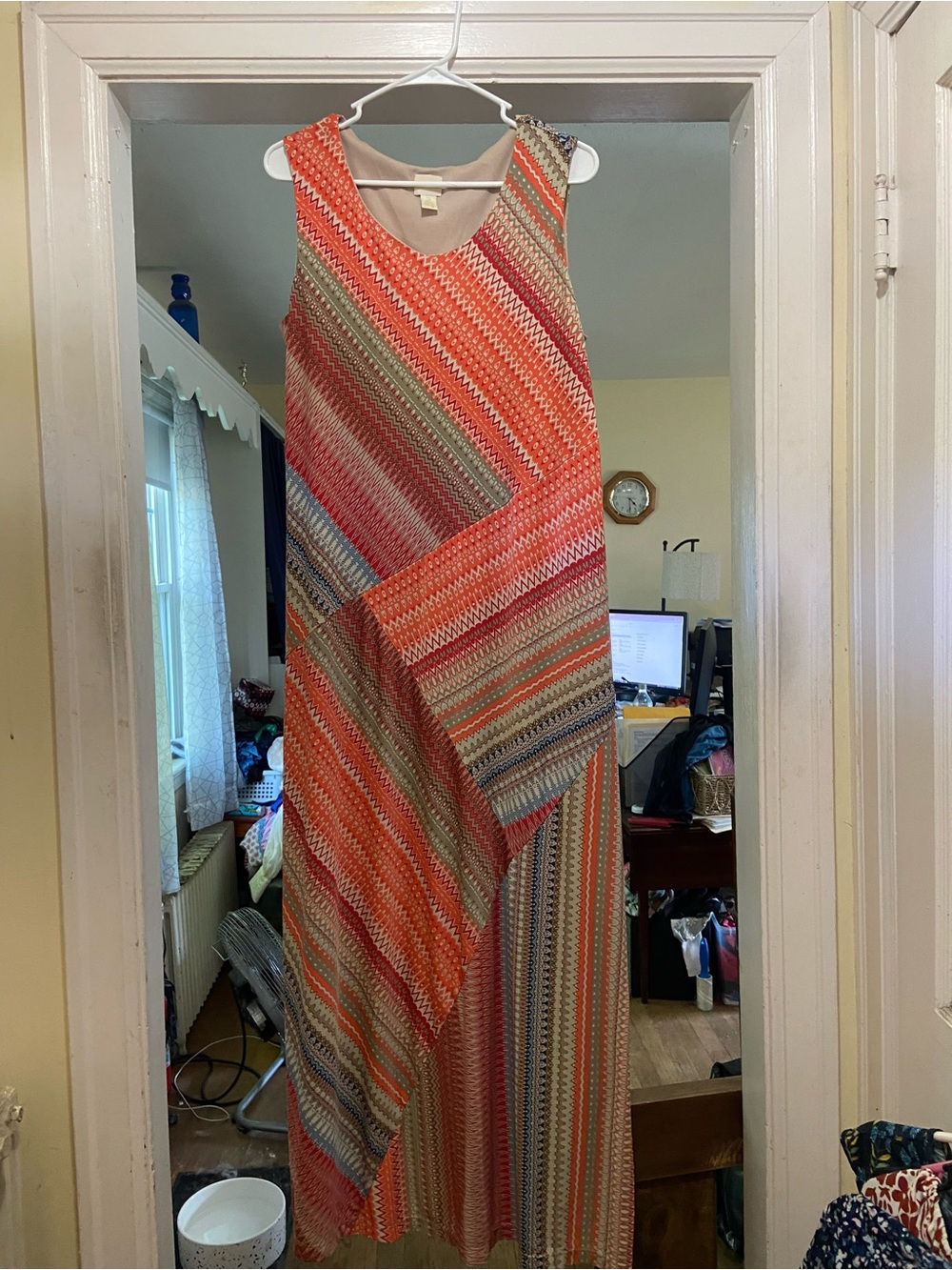 Chico's Coral, Cream & Blue Patterned Sleeveless Maxi Dress